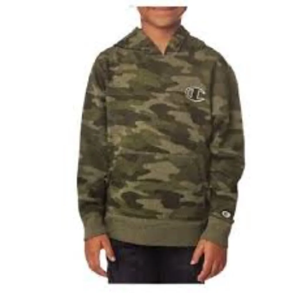 Champion Boy's Green Camo Print Hoodie M 10/ 12 Hooded Logo Front Sweatshirt EUC